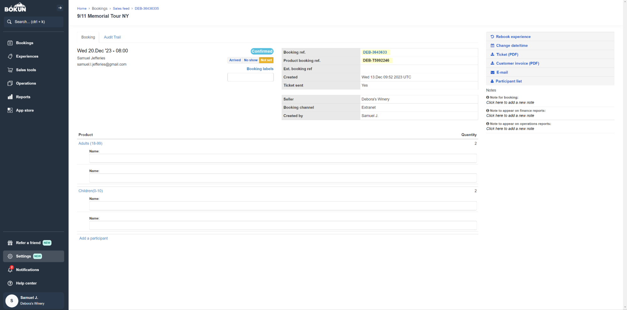 Bookings example: 911 Memorial Tour NY
