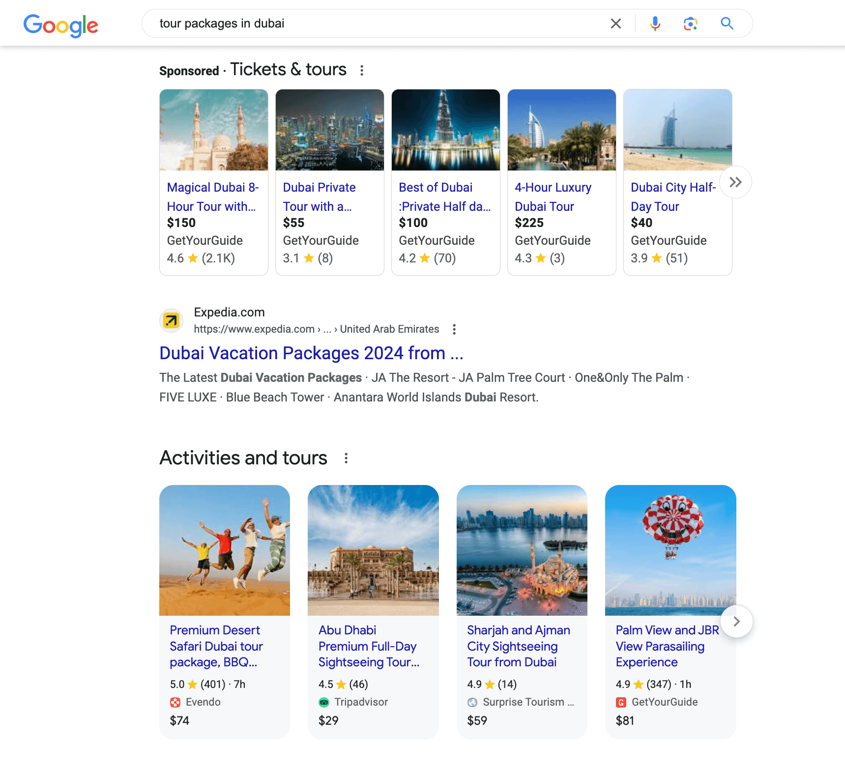 Google SERPS: Tour packages in Dubai