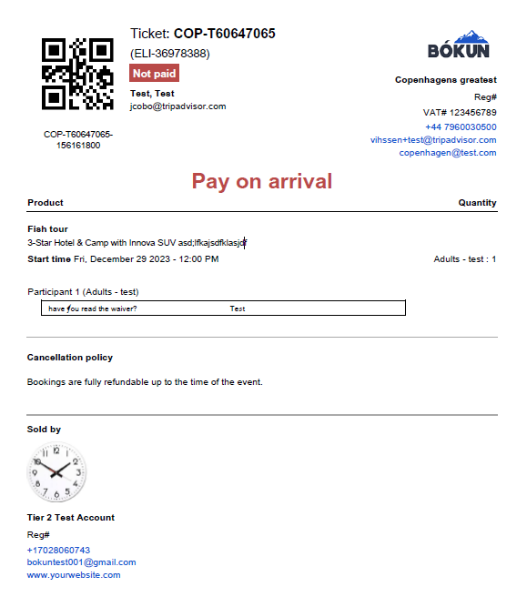 Pay on Arrival: Invoice example