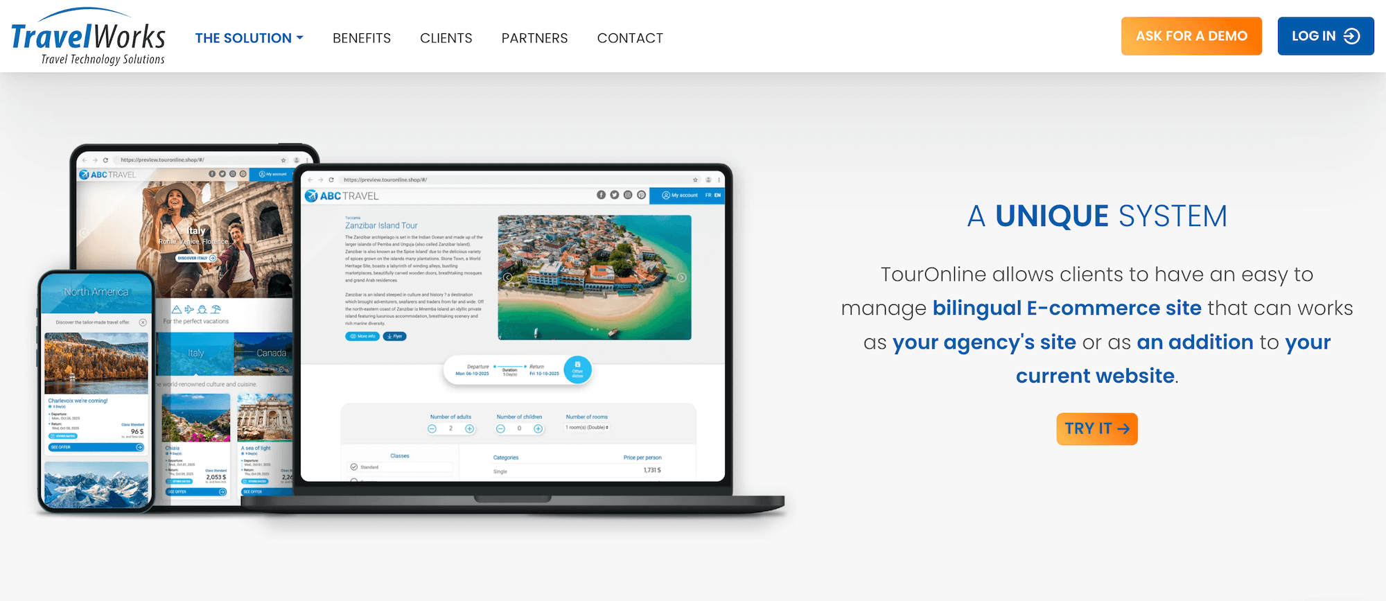 TravelWorks homepage: A Unique System