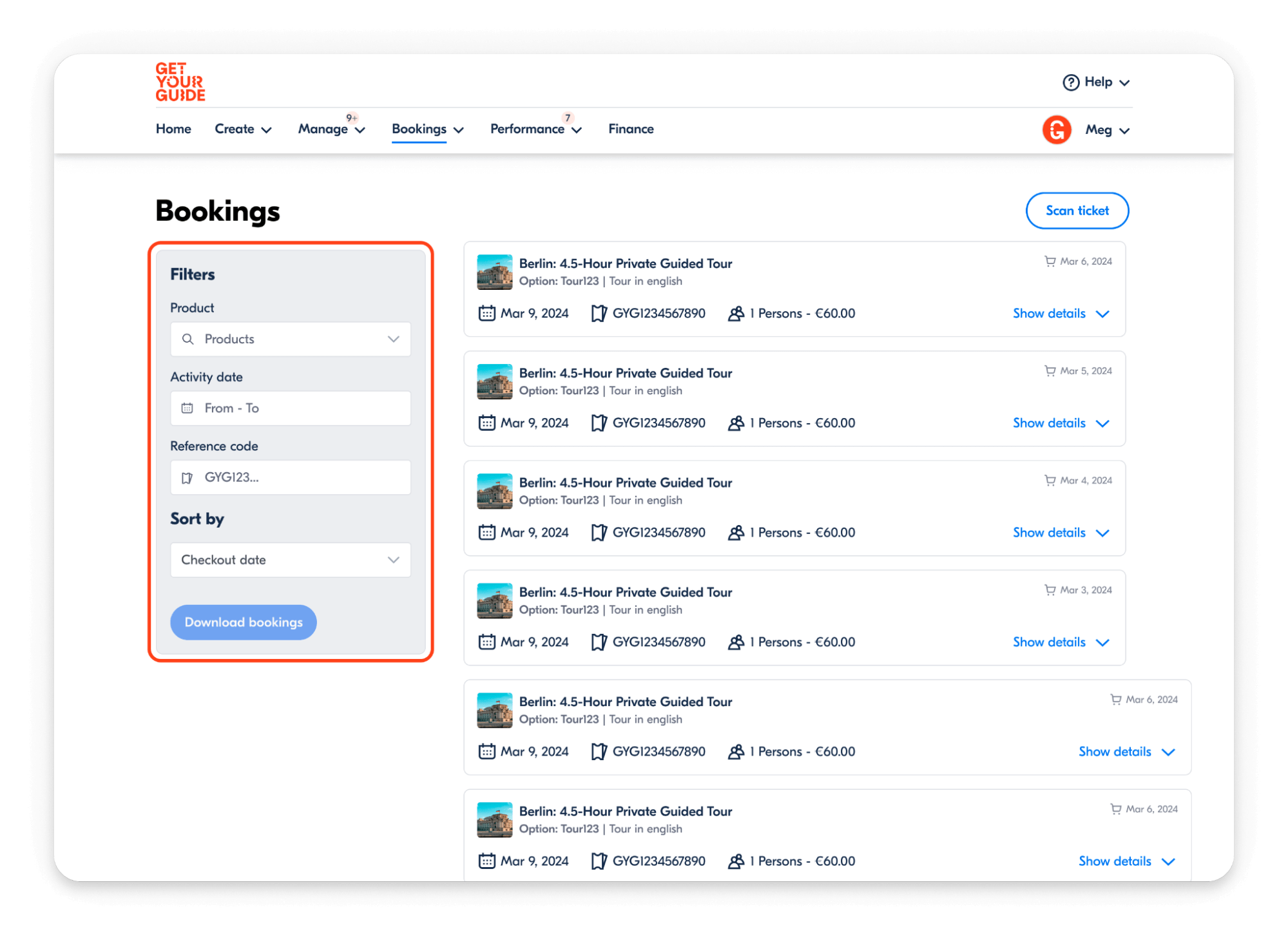 GetYourGuide Bookings Filters