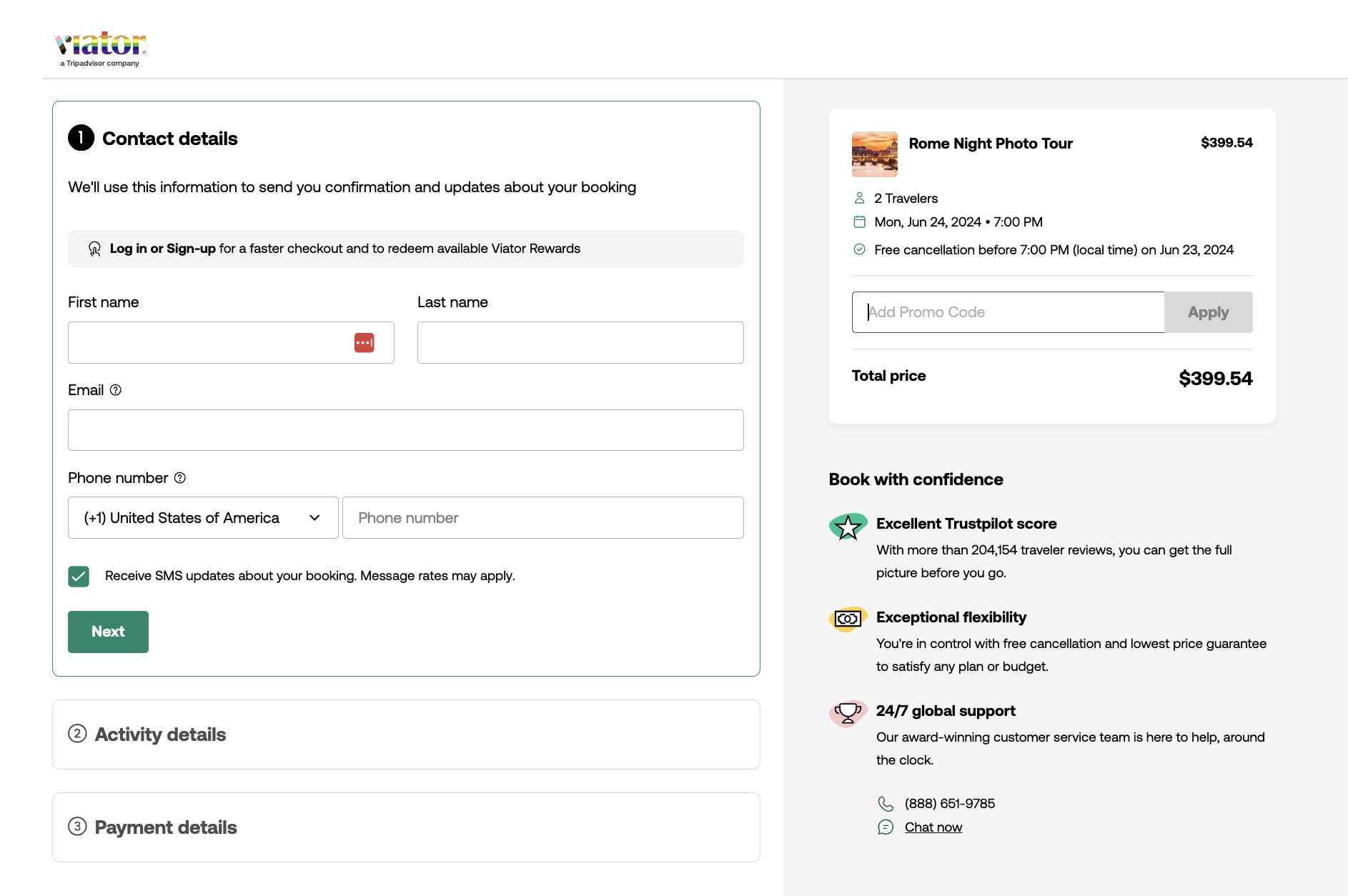 Viator Checkout Payment Page for Rome Night Photo Tour