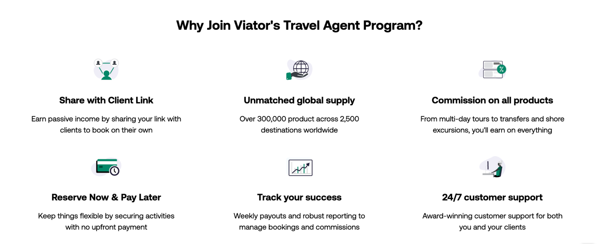 Why Join Viator's Travel Agent Program? Share with Client Link, Unmatched global supply, Commission on all products, Reserve Now & Pay Later, Track your success, 24/7 customer support