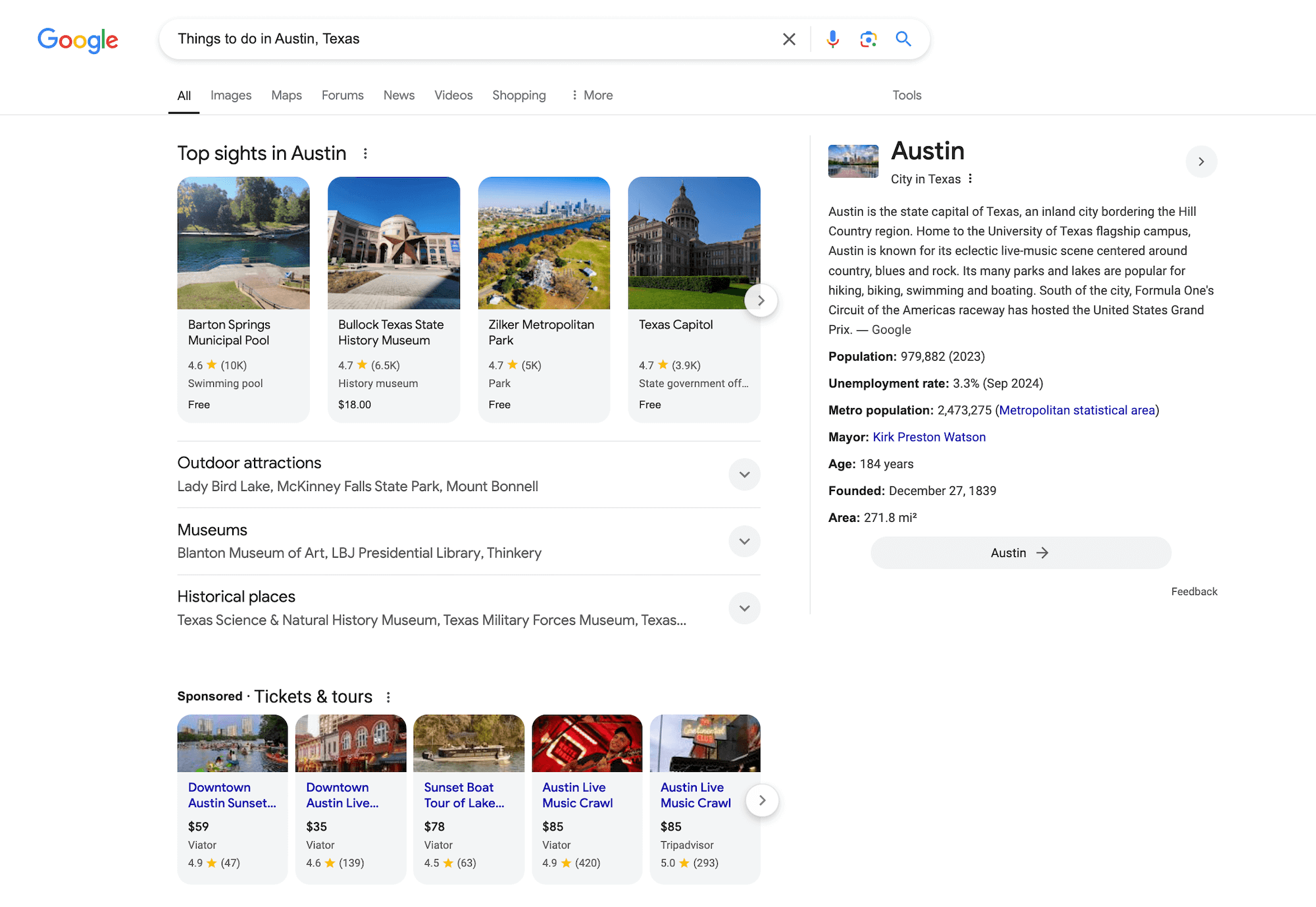 Google SERPs: Things to Do in Austin, Texas