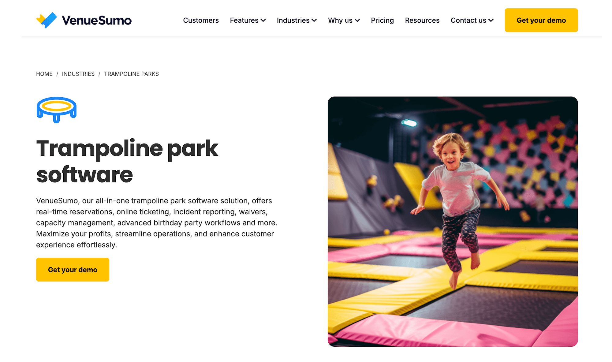 VenueSumo homepage: Trampoline park software