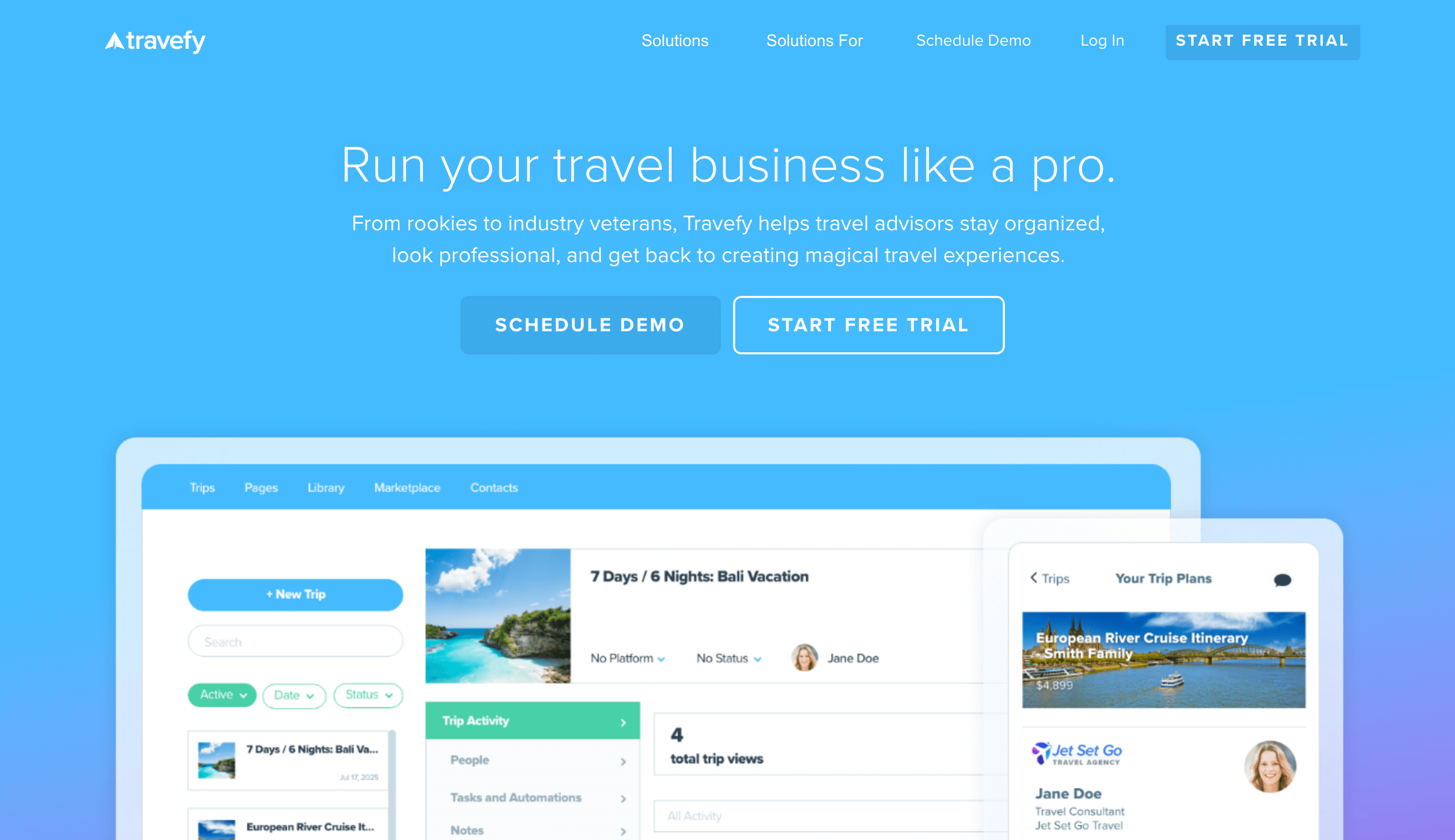 Travefy homepage: Run your travel business like a pro