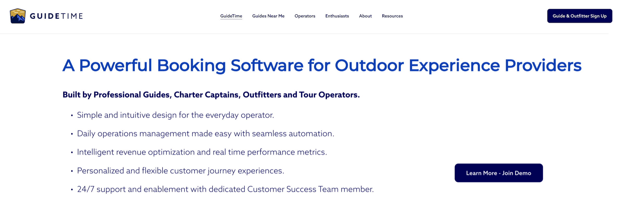 GuideTime homepage: A Powerful Booking Software for Outdoor Experience Providers