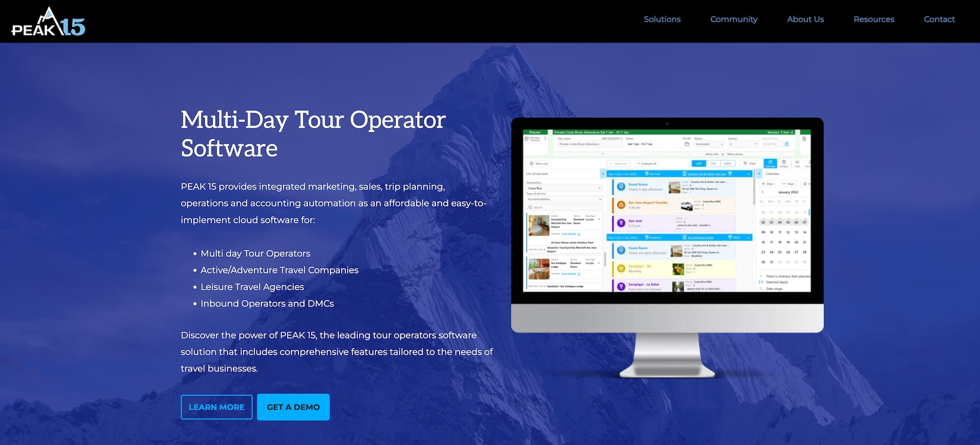 PEAK 15 homepage: Multi-Day Tour Operator Software