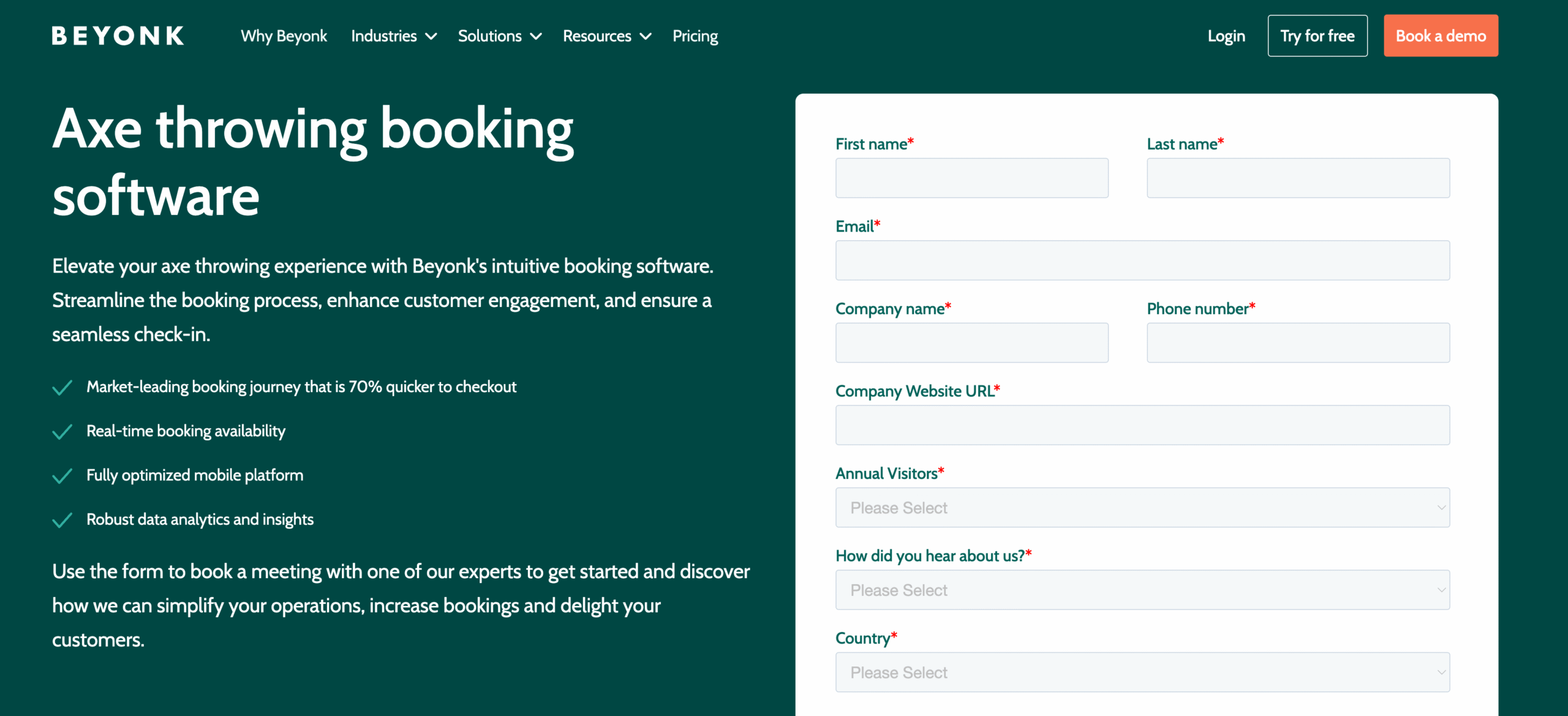 Beyonk Axe Throwing Booking Software landing page